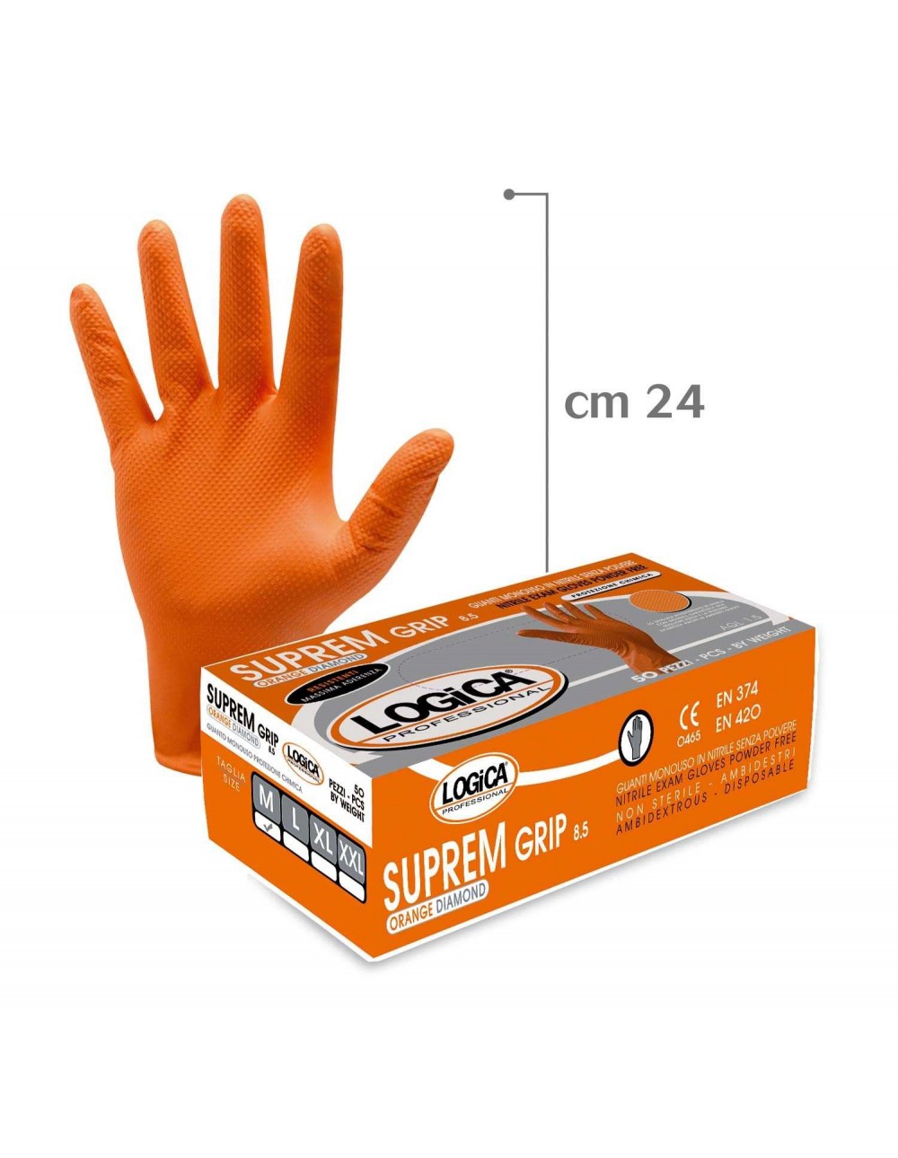 Guanti Logica Monouso Taglia 2XL in Nitrile Diamantati Arancioni Alta Resistenza – DPI III Categoria, Confezione 50 pz