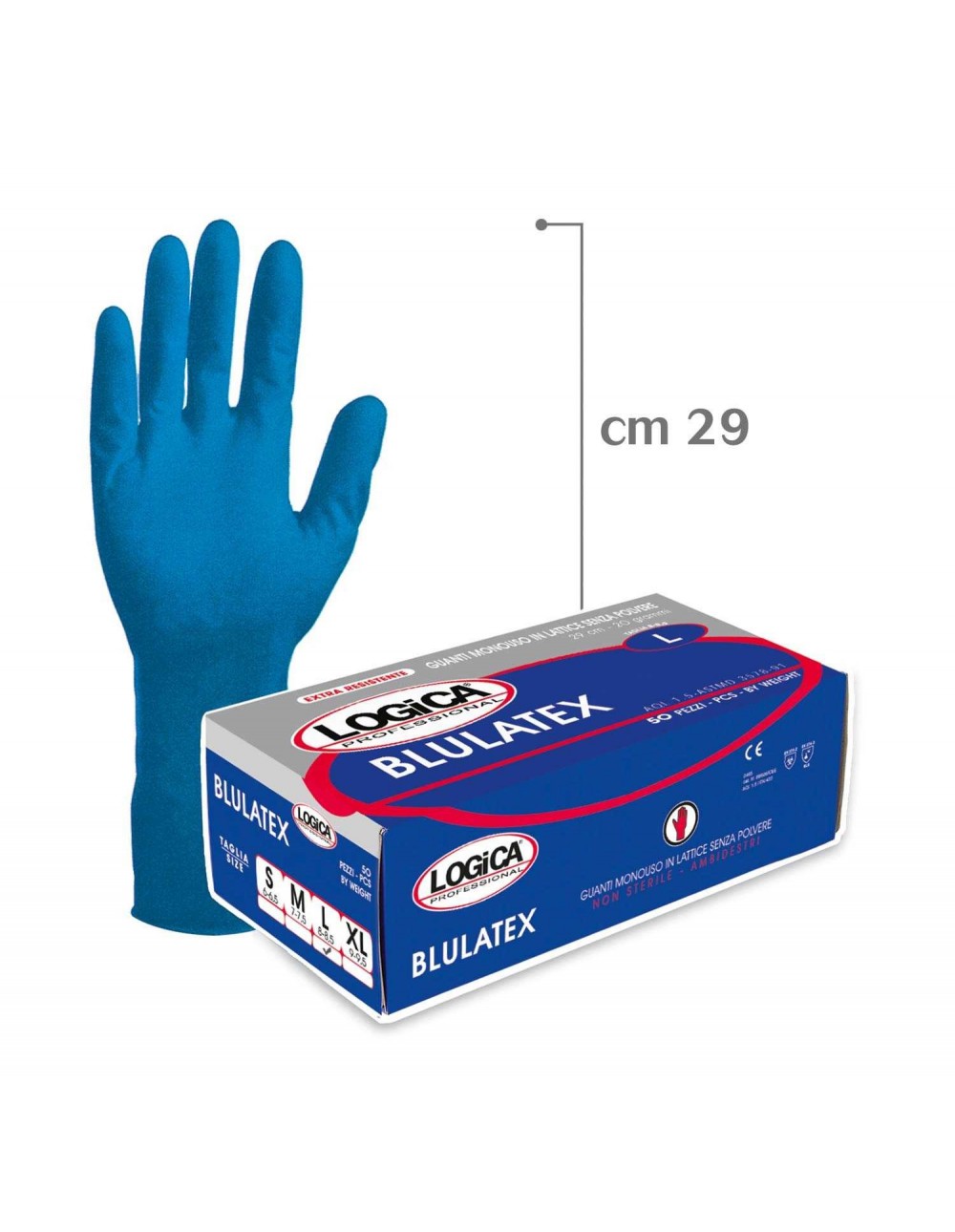 Guanti Monouso in Lattice Pesanti Taglia XL Alta Resistenza 29 cm Bluette – Confezione 50 pz LOGICA
