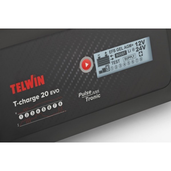 Display LCD del Caricabatterie Telwin T-CHARGE 20 EVO per il controllo dello stato di carica
