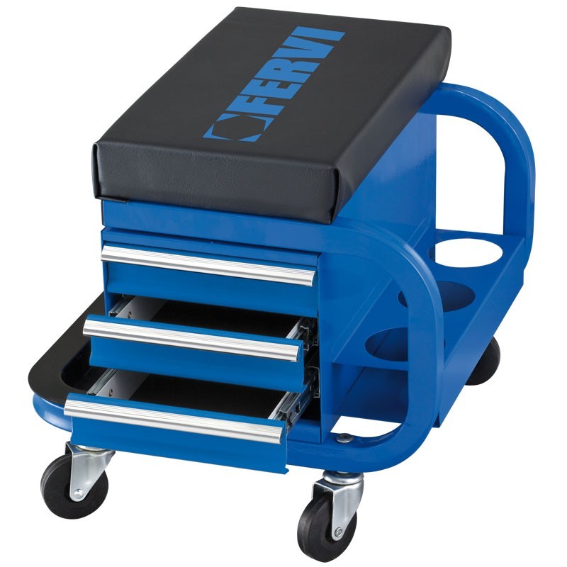 Sgabello da Officina Fervi 0645/CC con Cuscino e 3 Cassetti