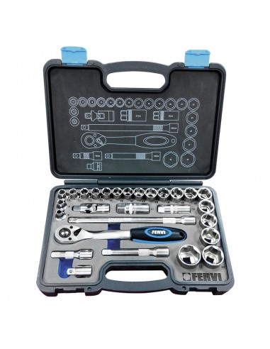 Set serie chiavi 28 Pz a bussola Fervi S328 da 1/2" in valigetta con prolunghe e snodo