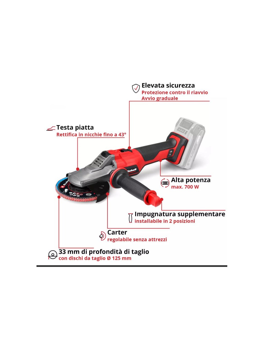 Smerigliatrice Testa Piatta a batteria 18V Einhell TP-AG 18/125 F angolare 125 mm Smerigliatrice Testa Piatta a batteria 18V Einhell TP-AG 18/125 F angolare 125 mm