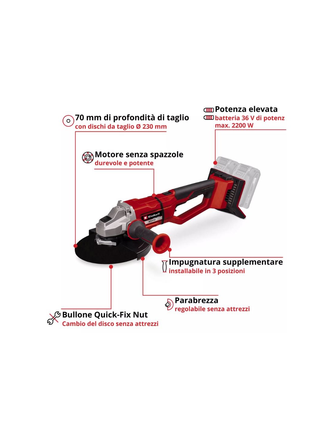 Smerigliatrice angolare AXXIO 36/230Q frullino a batteria Einhell 36V disco 230 mm Smerigliatrice angolare AXXIO 36/230Q frullino a batteria Einhell 36V disco 230 mm