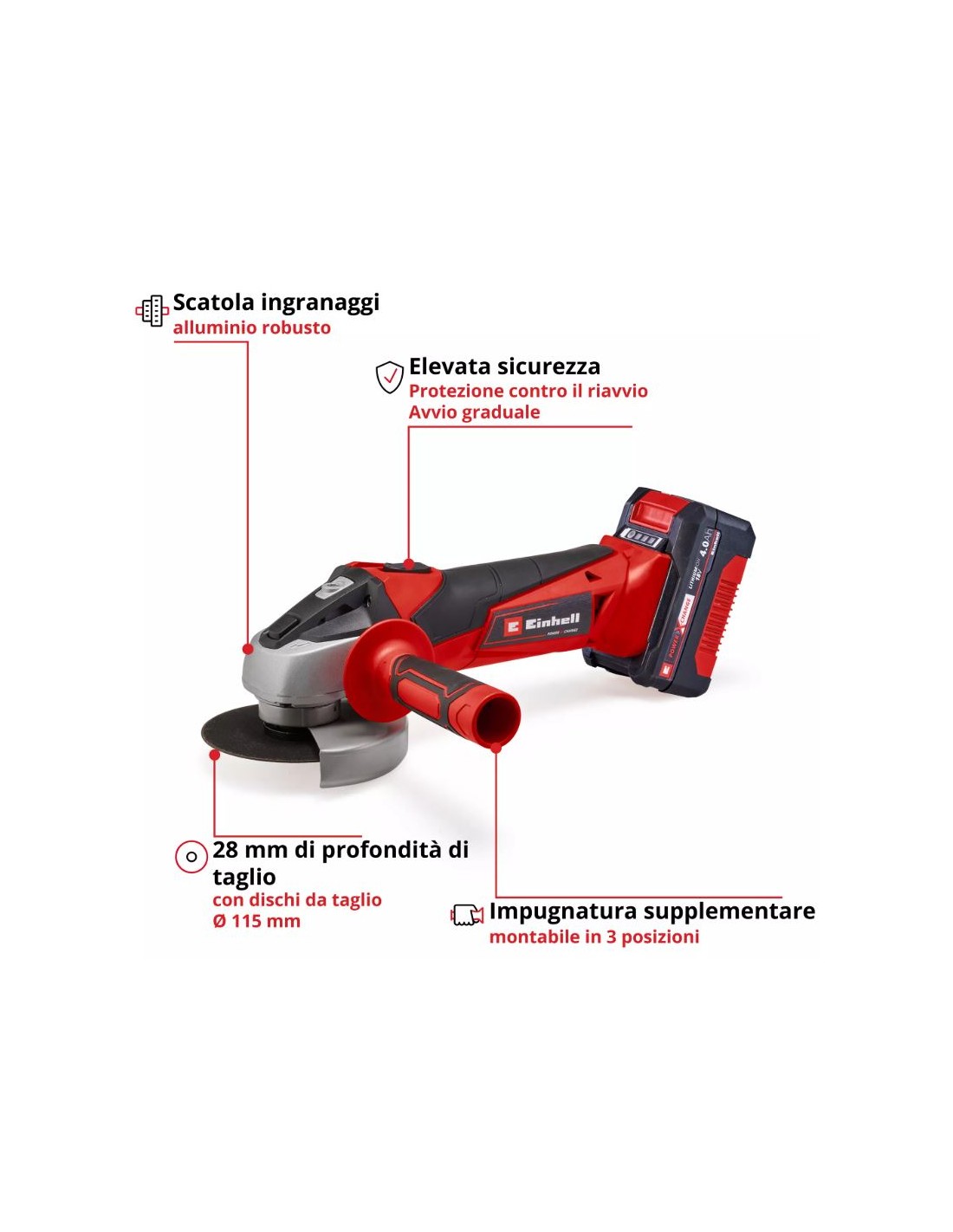 Smerigliatrice frullino EINHELL TC-AG 18/115 Li con una Batteria da 4 Ah 18V disco 115 mm Smerigliatrice frullino EINHELL TC-AG 18/115 Li con una Batteria da 4 Ah 18V disco 115 mm