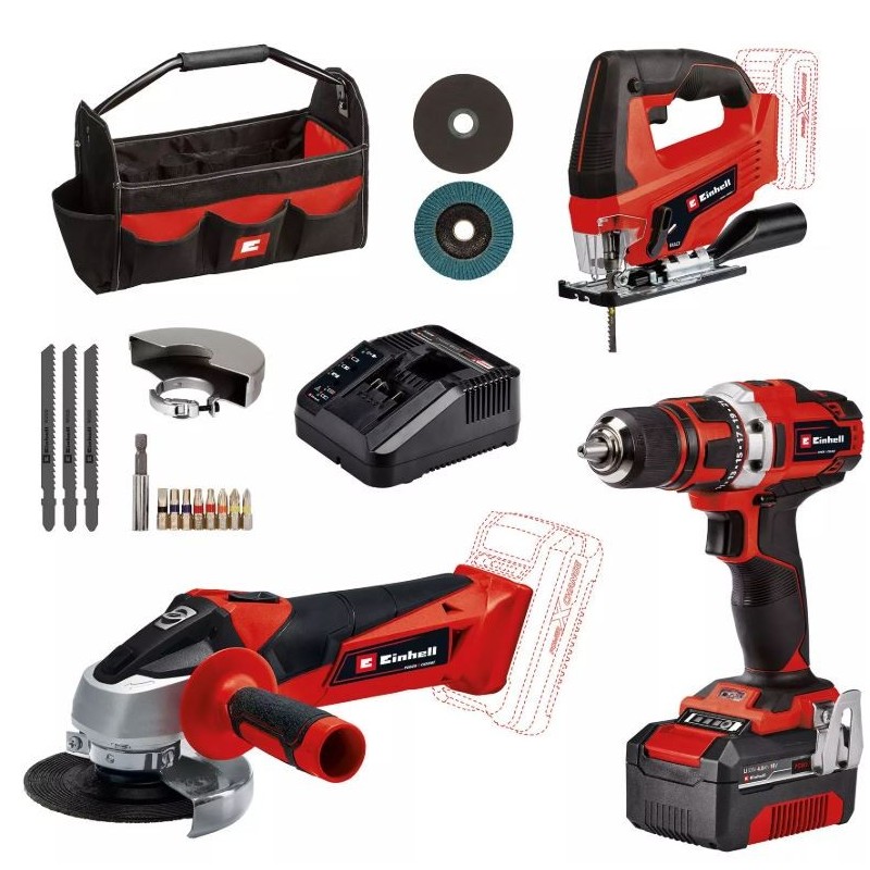 Kit Einhell TE-TK 18/3 Li 18V Power X-Change con Trapano, Smerigliatrice, Seghetto, Batteria 4Ah e Borsa