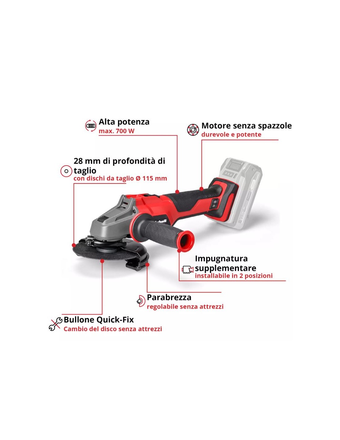 Smerigliatrice angolare a batteria 18V brushless disco 115mm taglio 28mm Einhell Smerigliatrice angolare a batteria 18V brushless disco 115mm taglio 28mm Einhell