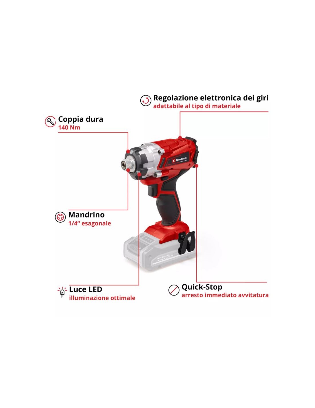 Trapano avvitatore a impulsi a batteria 18V con percussione attacco 1/4" Einhell Trapano avvitatore a impulsi a batteria 18V con percussione attacco 1/4" Einhell