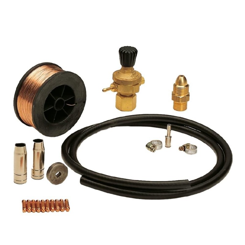 Kit saldatura Telwin acciaio con rullino riduttore di pressione 2 ugelli conici bobina filo 0,6 mm